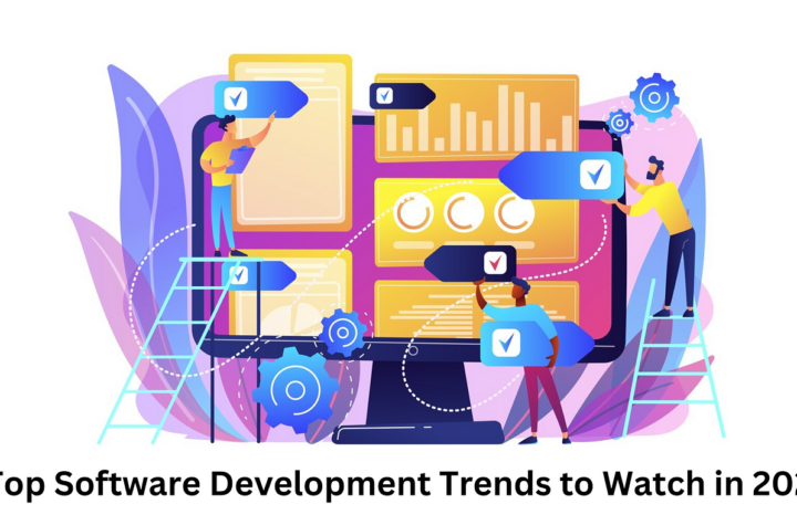 Illustration of a futuristic software development scene with abstract digital elements and people interacting with graphical user interfaces, titled “Top Software Development Trends to Watch in 2024.