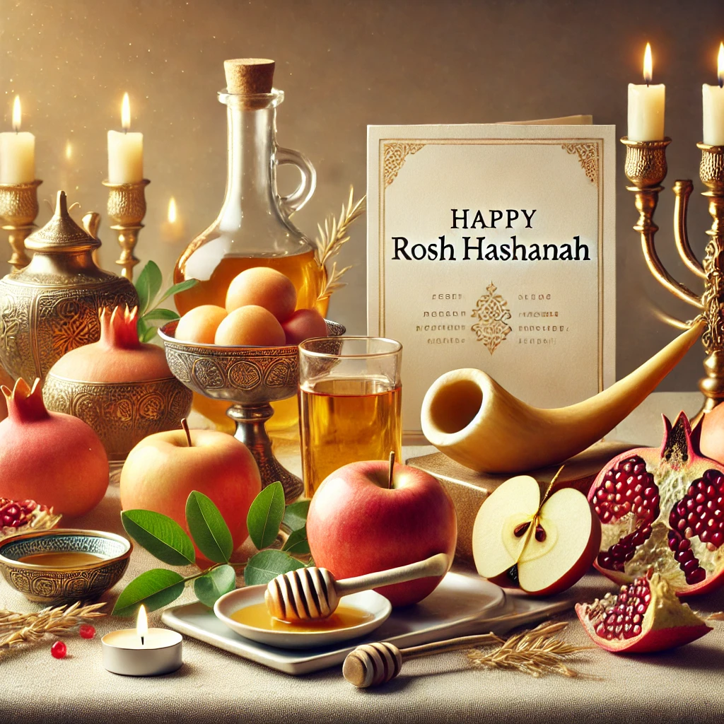 Rosh Hashanah greeting card featuring apples dipped in honey, a traditional Jewish New Year symbol.